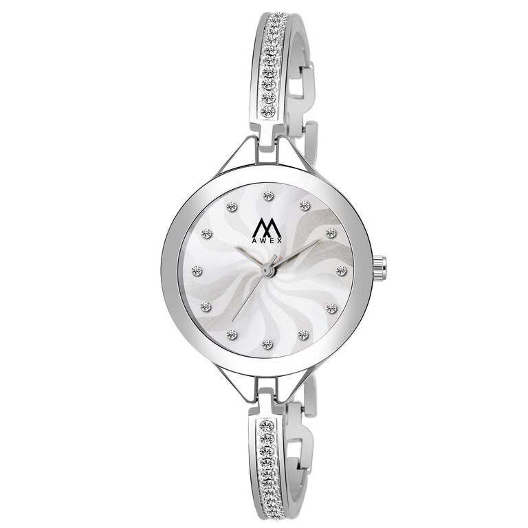Awex Silver Diamond Dail Bracelet Look Strap Analog Watch - For Women